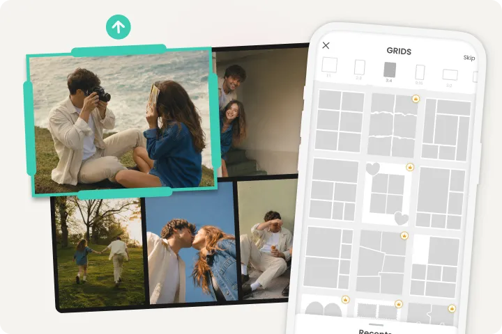 Photos being arranged into a PicCollage grid layout with adjustable spacing and borders