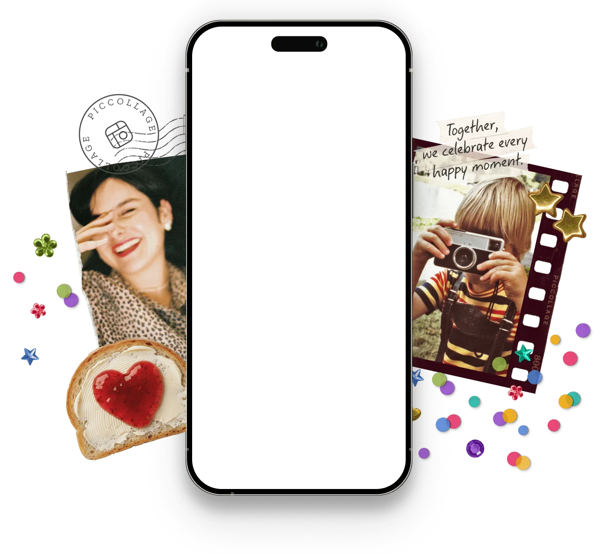 A PicCollage birthday collage being edited on a phone, surrounded by photo frames and stickers